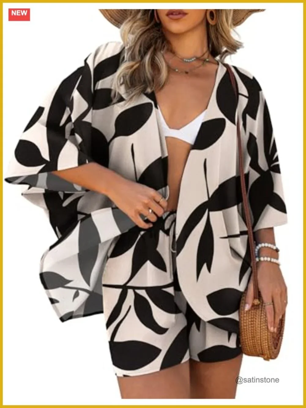 Women's 2 Piece Kimono Cover Up Shorts Set Tropical Print